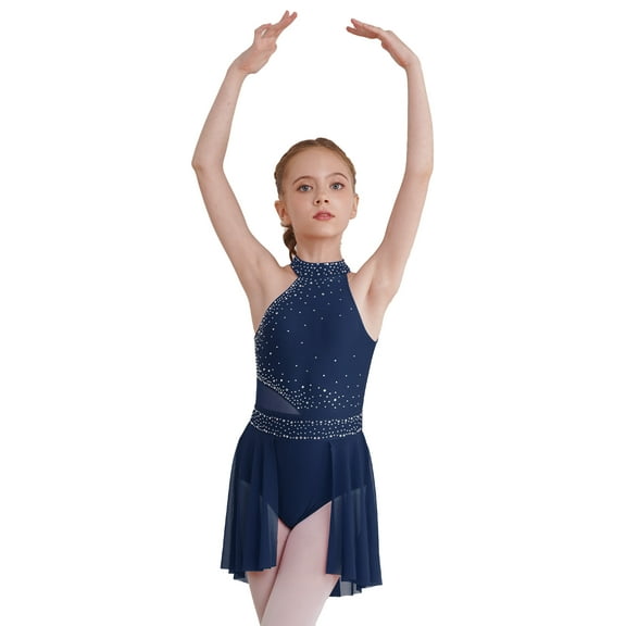 ZDHoor Girls Sparkle Lyrical Dance Dress Sleeveless Halter Leotard Wrap Skirt Ballet Latin Dancewear Navy Blue 12