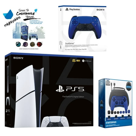 Sony PlayStation 5 Slim Digital Bundle with Extra Cobalt Blue Controller, Pro Gamer Starter Kit and MightySkins Decal Voucher