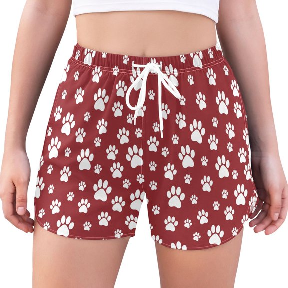 FORMRS Womens Swim Shorts Mesh Liner Quick Dry Casual Beach Board Bottom with Pockets, Sizes S-2XL, Red Cartoon Paws Pattern