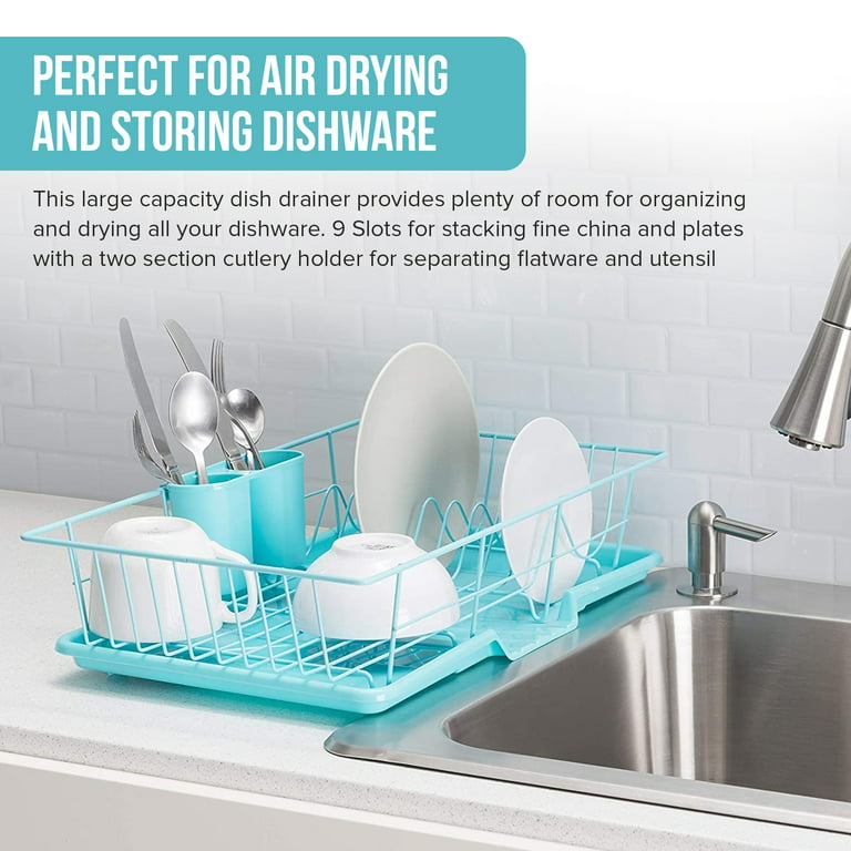 Joey'z 3-Pc Extra Large Dish Drying Rack with Drainboard and Utensil Holder  Set, Turquoise 