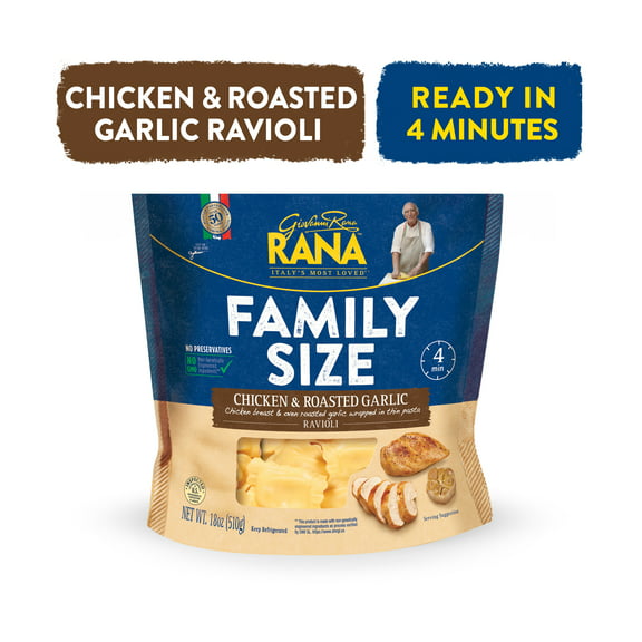 Giovanni Rana Ravioli Chicken Roasted Garlic Filled Italian Pasta Bag (Family Size, 18oz, Fresh), Refrigerated