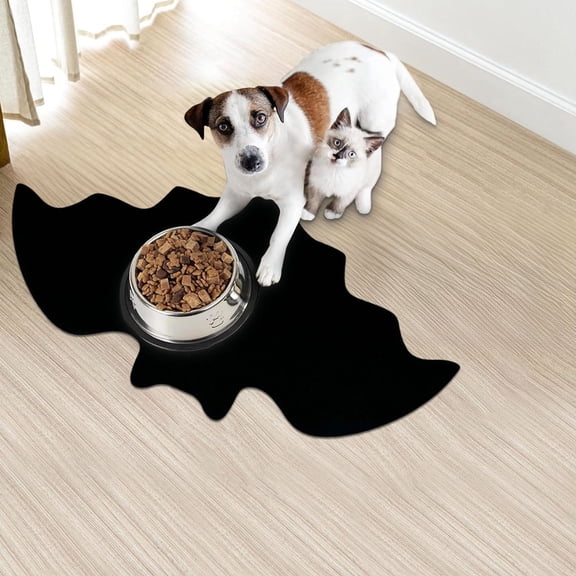 9.8x16.9 Inch Bat Shape Pet Mats for Food and Water Dog Cat Food Mats Pet Feeding Mat Anti-Slip No Stains Quick Dry Floors Waterproof Placemat Pet Food Bowl Mat Halloween Decorations (Black)