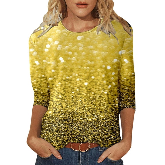 Sequin Tops Women 2026 Mardi Gras Glitter Print 3/4 Length Sleeve Crewneck T-Shirts Party Vacation Casual Outfits Classic Fit Blouses