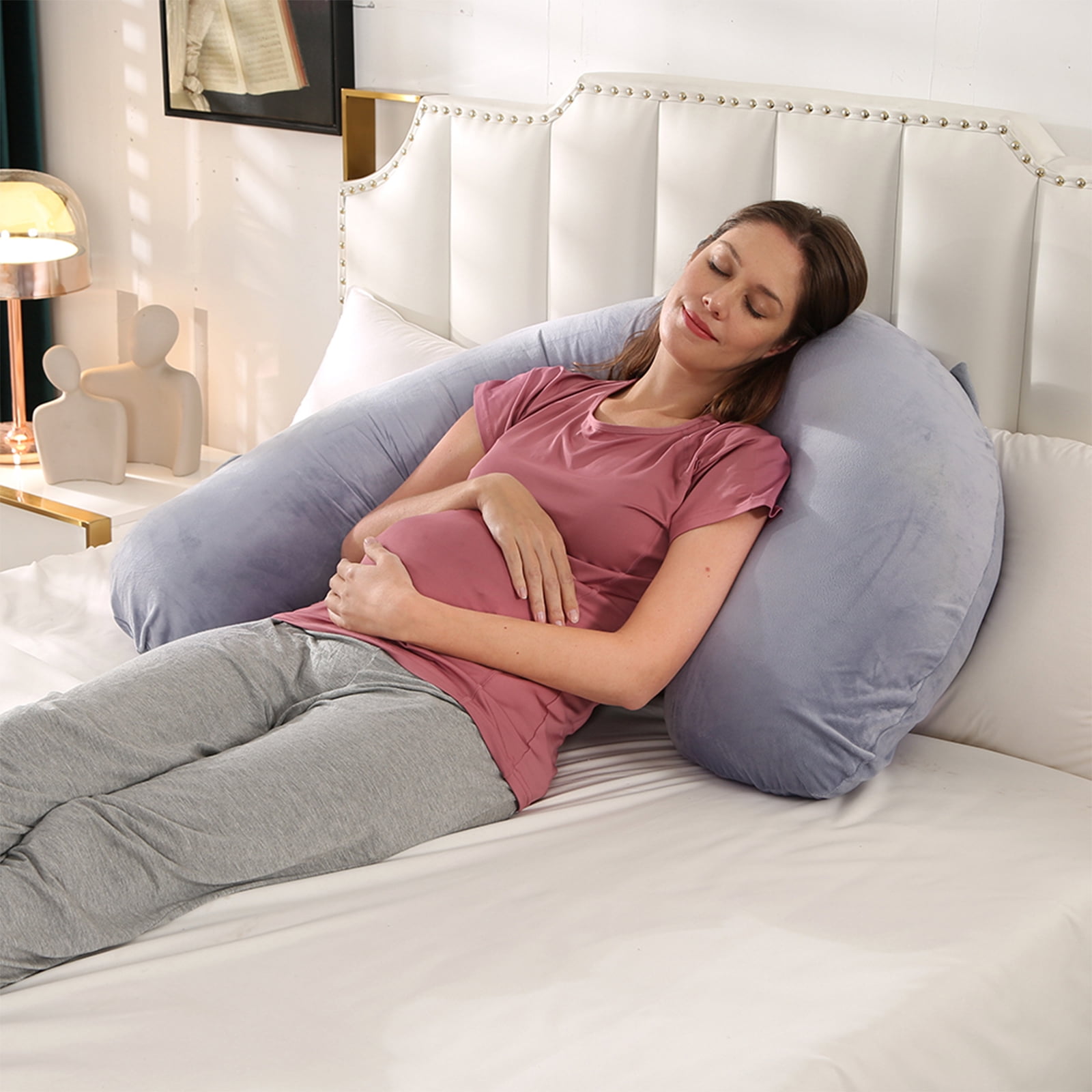 BATTOP Pregnancy Pillow for Side Sleeping, Soft J Shaped Maternity Body Pillows for Pregnancy with Removable Cover, Support for Back, Hips, Legs, Belly for Pregnant Women, Gray