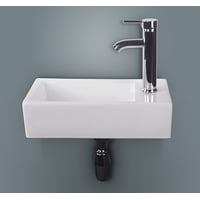 WONLINE Rectangular White Porcelain Ceramic Wall Mounted Bathroom Vessel Sink without Overflow, equipped with Chrome Faucet Pop-up Drain Combo (Right Hand)