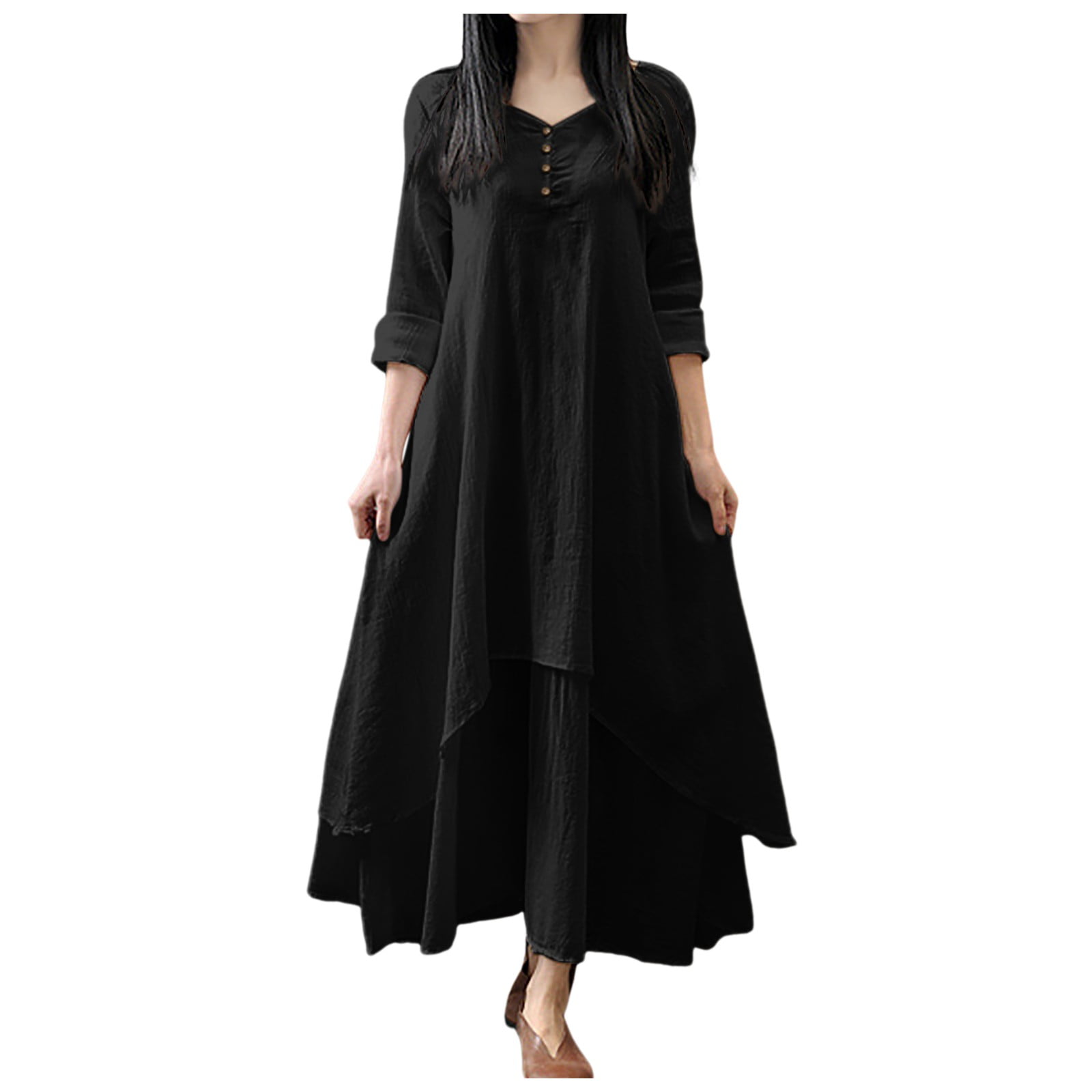 XDZJLR Robes pour Femmes Formelles Dames Deux Grandes Évasées Lin Ample à Manches Longues Robe en Lin