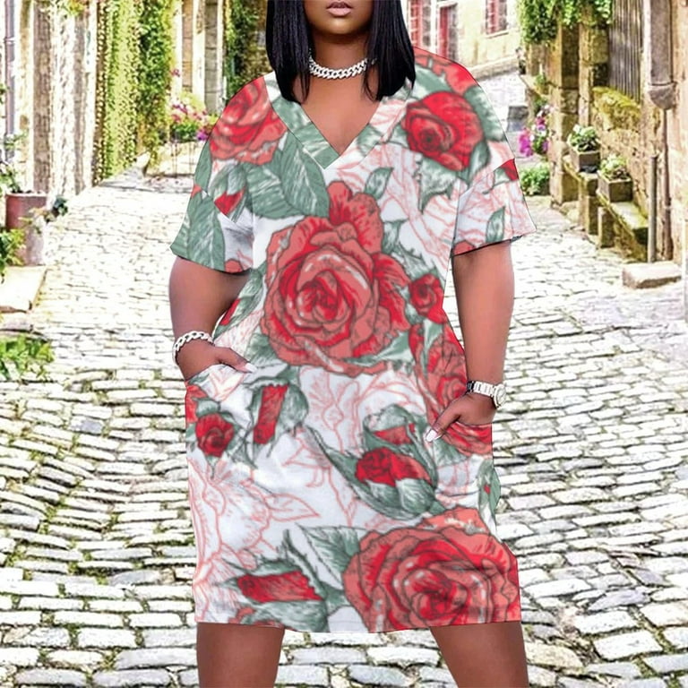Red Roses Floral Seamless Pattern Summer Sundress for Curve Women Casual  Pattern Plus Size V Neck Short Sleeve Loose Fit Oversize Dresses -  Walmart.com