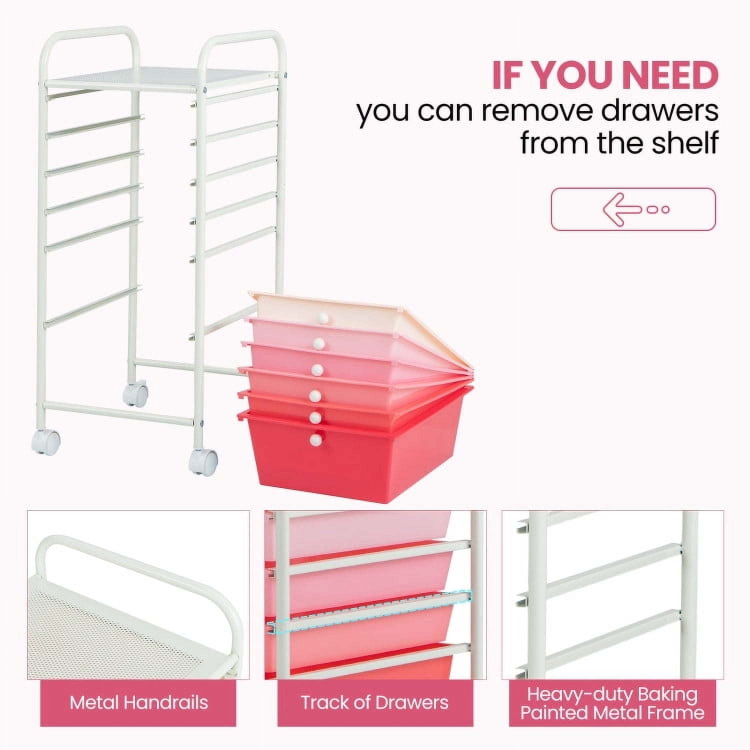 Demi Bonn 6 Drawers Rolling Storage Cart Organizer with 4 Universal Casters, Gradient Pink