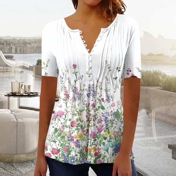 TaTaai Women's Printed Top, Soft Breathable Cotton, Relaxed Fit, Short Sleeve V-Neck, Button Detail Ruching, Pullover Style, Casual Daily Spring Summer Wear Multi-Color Gift