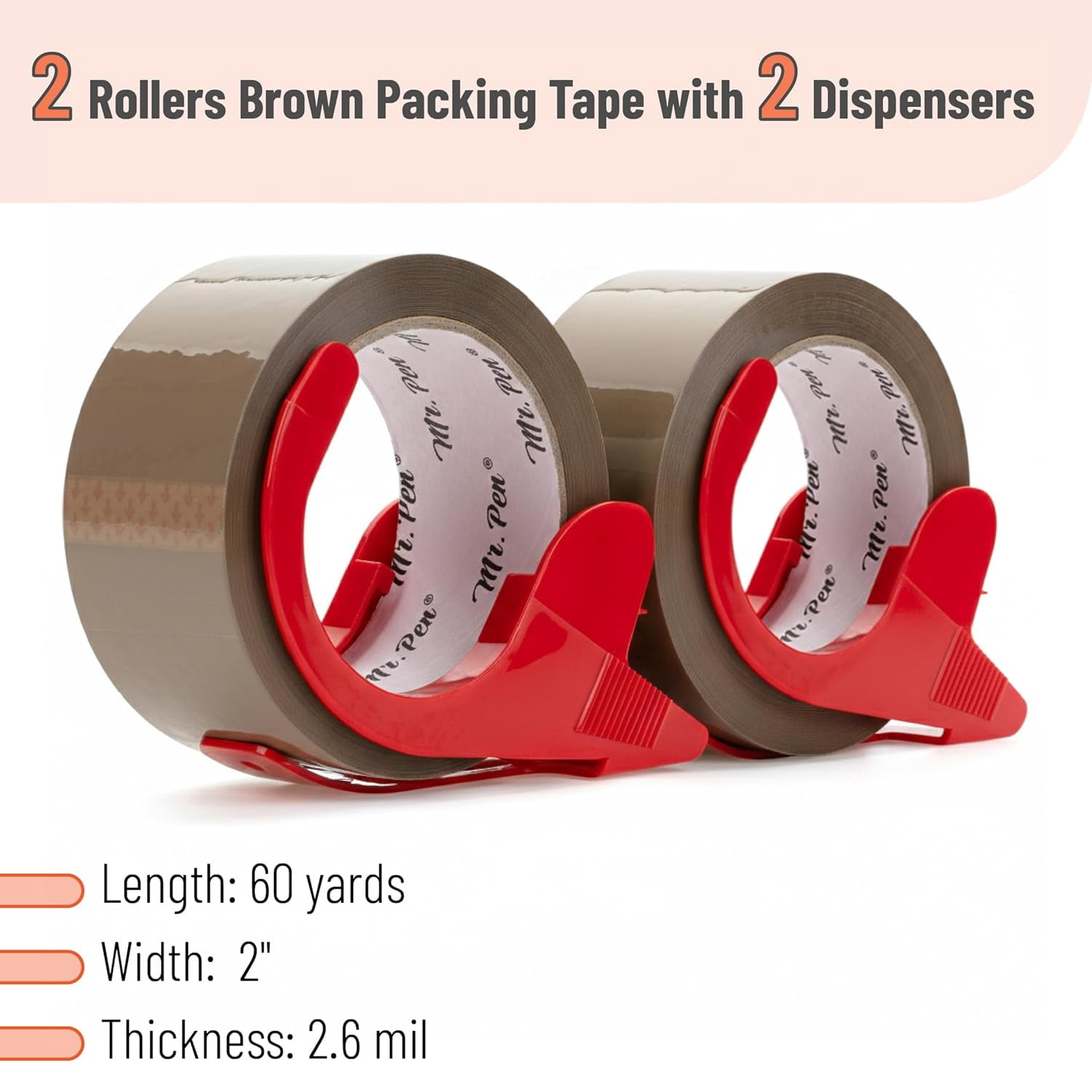 .-2 rolls of packing tape, with 2 dispensers, 2 inches wide, 60 yards, brown heavy duty packing tape, suitable for mailing, moving boxes, and packaging