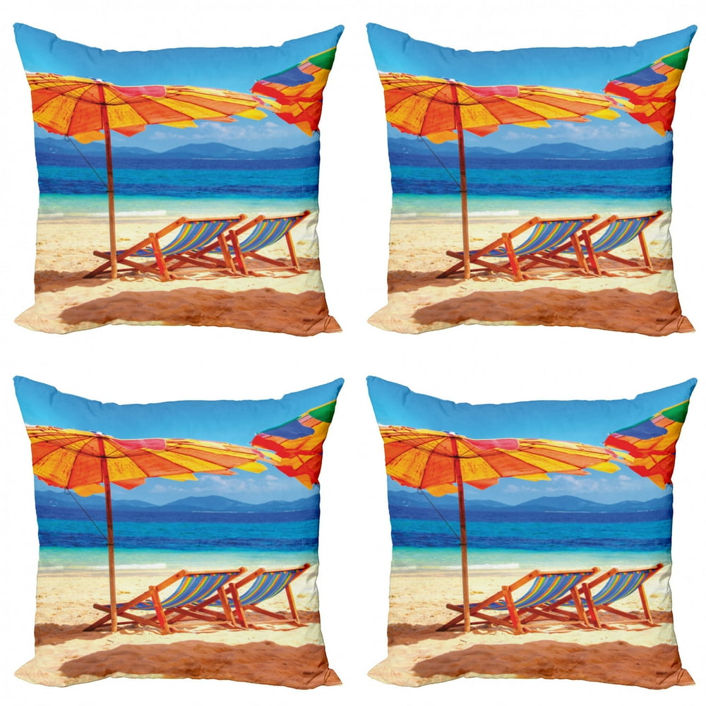 Seaside Throw Pillow Cushion Case Pack of 4, Deck Chairs Overlooking