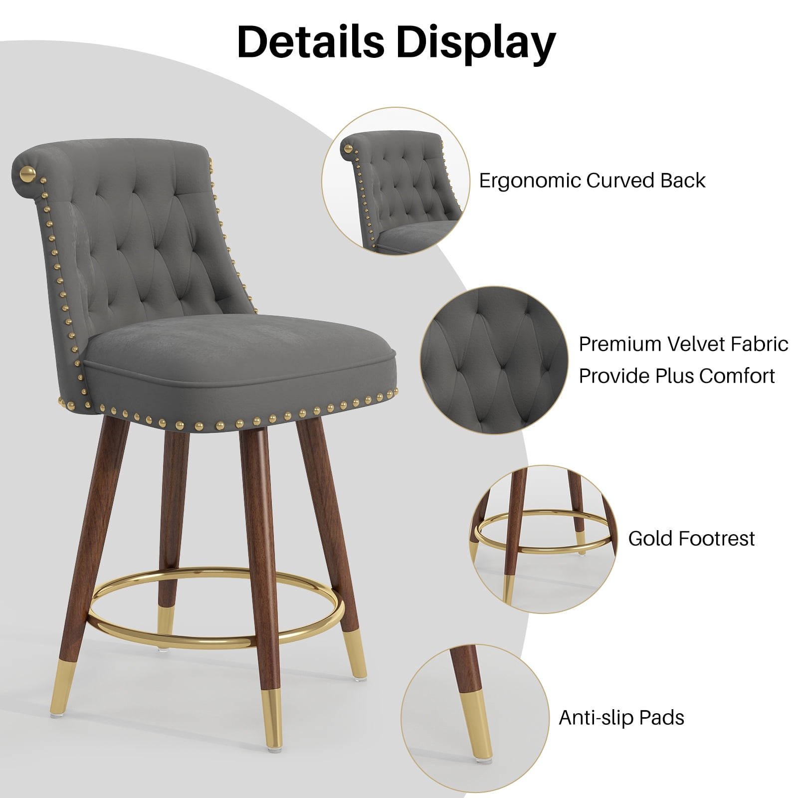 HomeZeer 24" Counter Height Bar Stools, Swivel Low Back Kitchen Barstool, Velvet Upholstered Square Seat Bar Chair with Wood Legs, Grey (Set of 2)