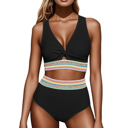 MGCWSH Bikini Sets for Women High Waisted Two Piece Swimsuit Padded Knot Twist Cut Out Color Block Bathing Suit Bikinis Black S
