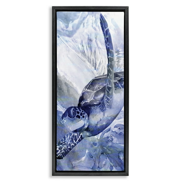 Stupell Industries Sea Turtle Swimming In Ocean Animals & Insects Painting Black Floater Framed Canvas Art Print Wall Art, 11 x 25