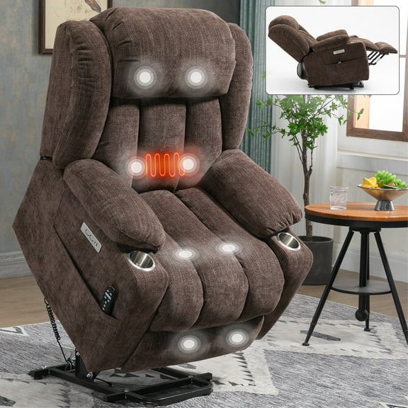 LEGAHOME Lift Recliner, Electric Power Recliner Chair with Heat Therapy and Massage, Fabric Lift Chair with Cup Holders, USB Port and Side Pocket, Wide Seat Recliner Sofa for Big and Tall, Brown