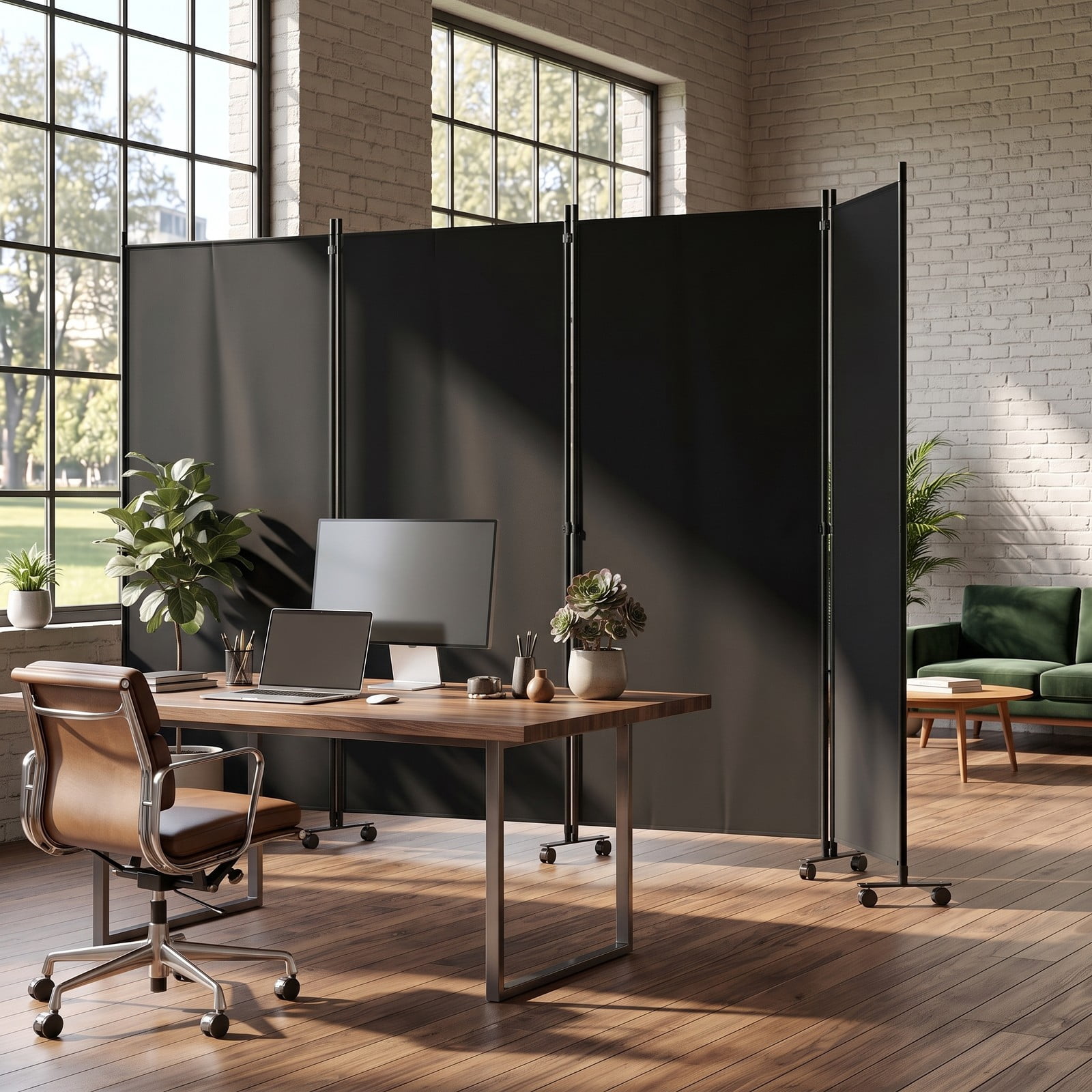 ALPULON 4 Panel Folding Privacy Screen Room Divider with Universal Wheels, Freestanding Portable Polyester Fabric Partition Panel for Living Room Bedroom Office, Black