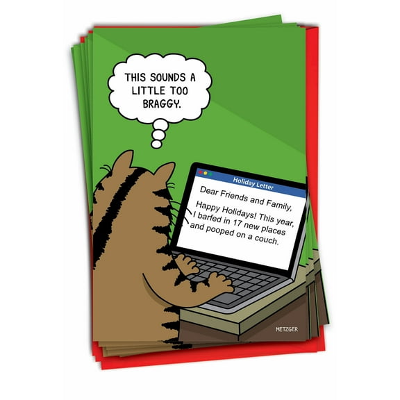 NobleWorks, Braggy Cat - 12 Funny Christmas Cards Boxed - Bulk Set, C7683XSG-B12x1