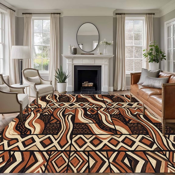 5'x8' Area Rugs, Retro Tribal Indoor Outdoor Area Rug for Living Room Bedroom, Middle Century Bohemia Minimalist Art Red Brown Washable Bathroom Rugs Kitchen Floor Carpet Mats Home Decor Aesthetic