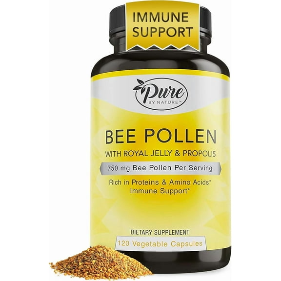 Pure By Nature Bee Pollen Supplement with Propolis & Royal Jelly for Immune Support, Antioxidant Properties, 120 Non-GMO Vegetarian Capsules