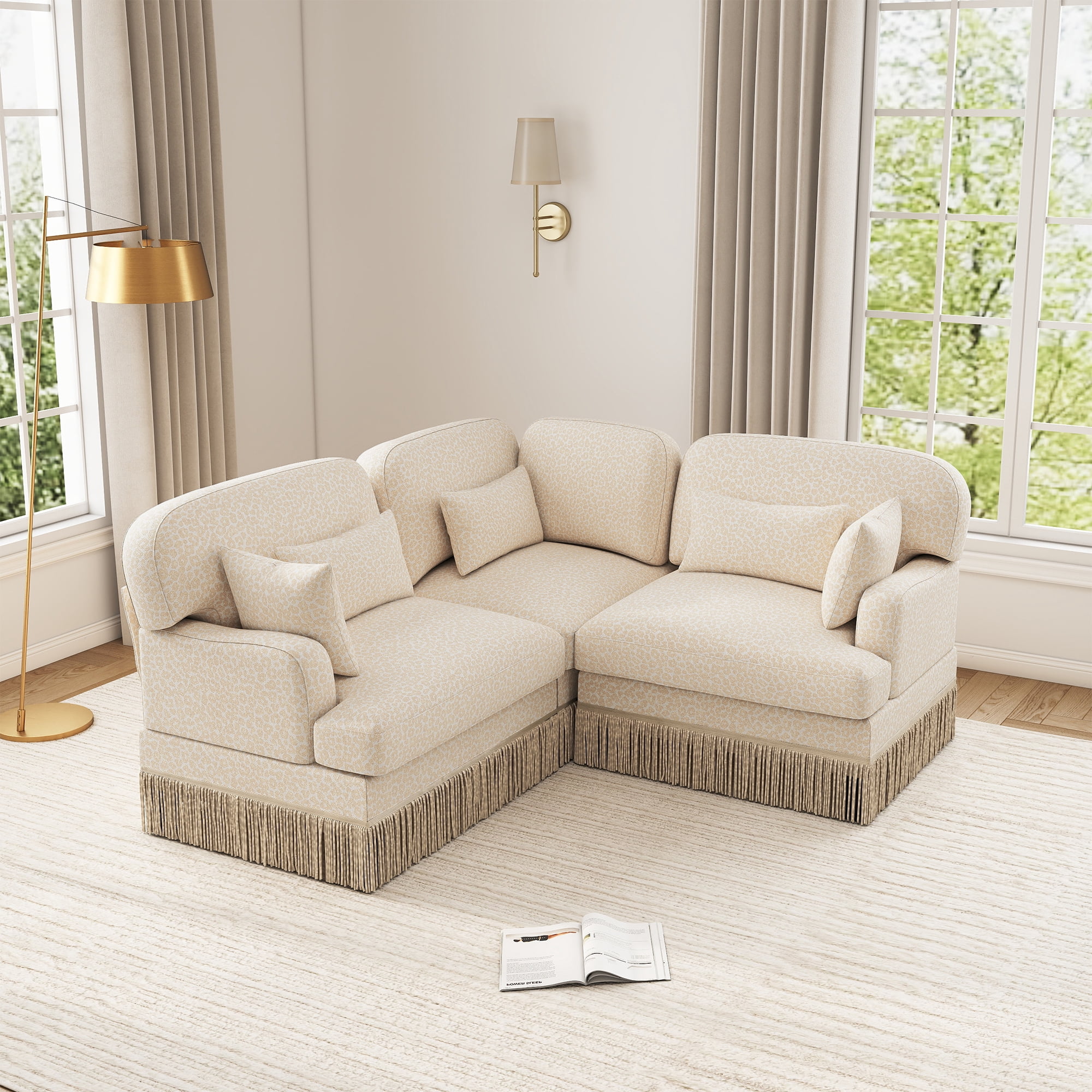 3 Seat Loveseat Sofa L Shaped Corner Couches Leopard Chenille Sofa Couches with Tassel and 2 Pillows