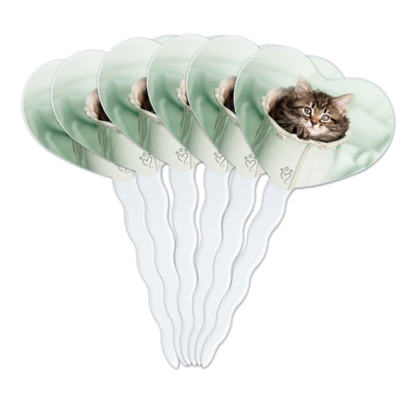 Manx Kitten Cat Vase Heart Love Cupcake Picks Toppers Decoration Set of 6