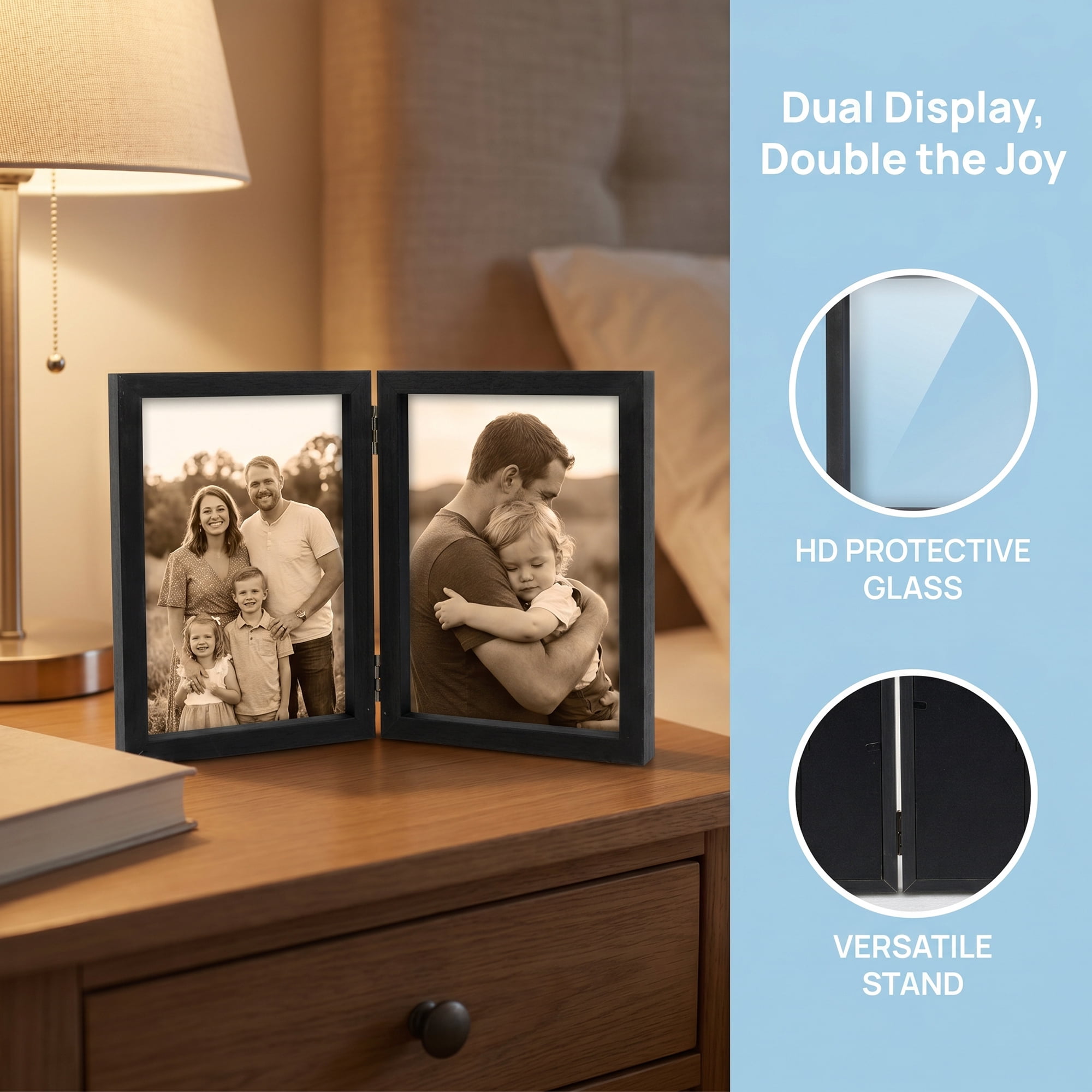 Unique Bargains Folding Double Jointed Wood Photo Frame Black 5" x 7"