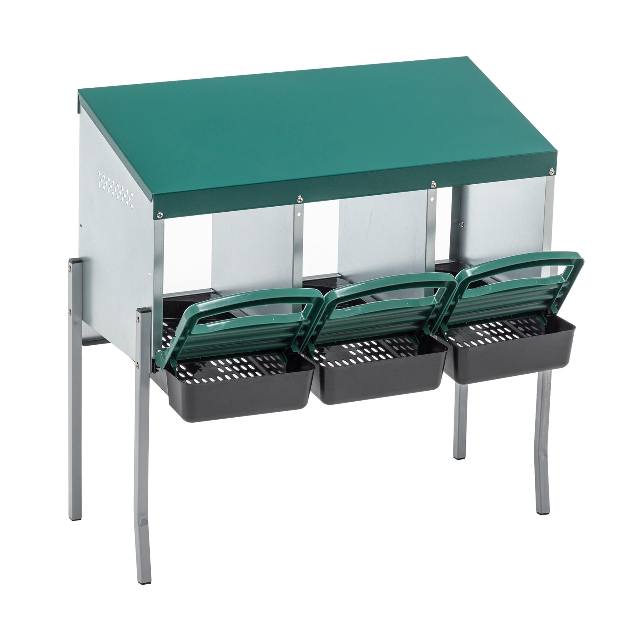 AENKYO 3-Compartment Chicken Nesting Box with Roll-Out Trays, Steel Frame, and Elevated Legs, Green