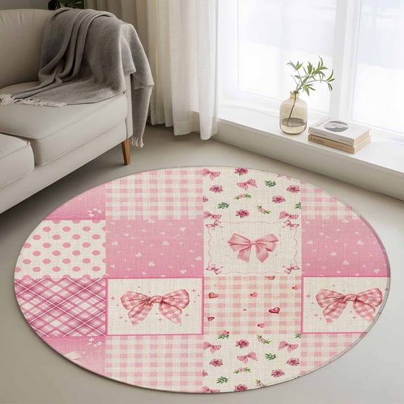 Round Area Rug 3 Ft, Valentine's Day Washable Non-Slip Circle Carpet for Living Room/Bedroom, Pink Bows Vintage Plaid Romantic Roses Low-Profile Small Floor Mats Collection Rugs for Indoor