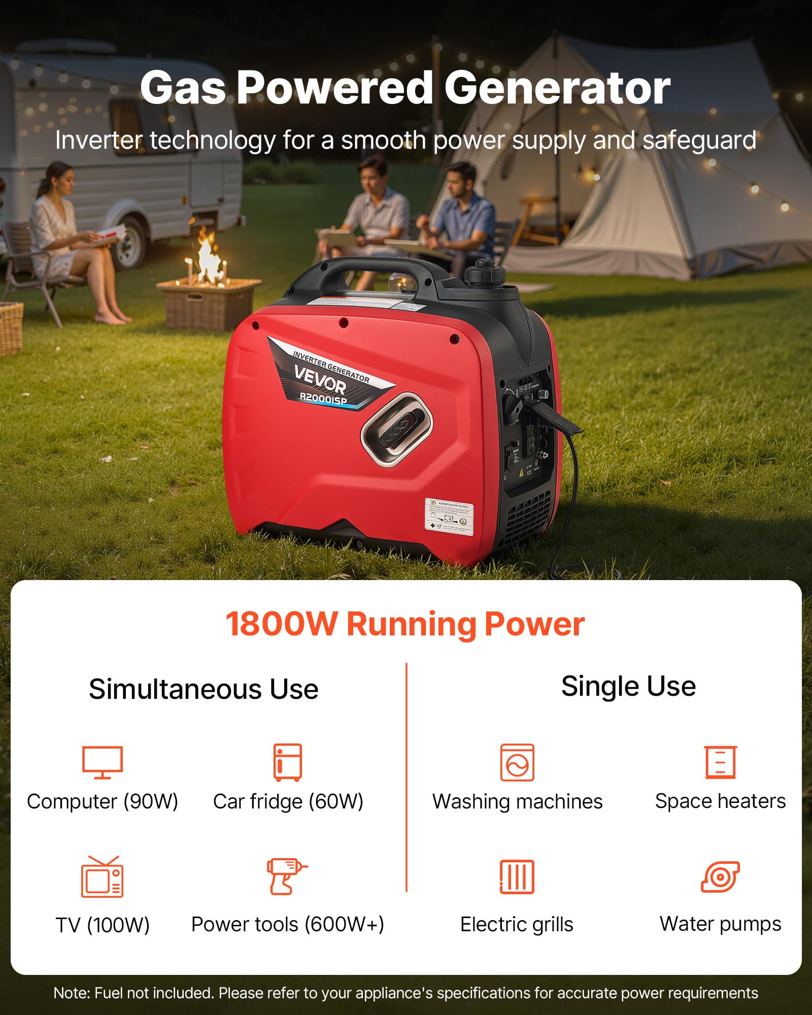 VEVOR Inverter Generator, 2900W Peak Watt Quiet Inverter Generator, Portable Inverters Generators for Home Use, Gas Powered, Compact and Lightweight Design - Stable Power, CO Sensor, Orange/Black