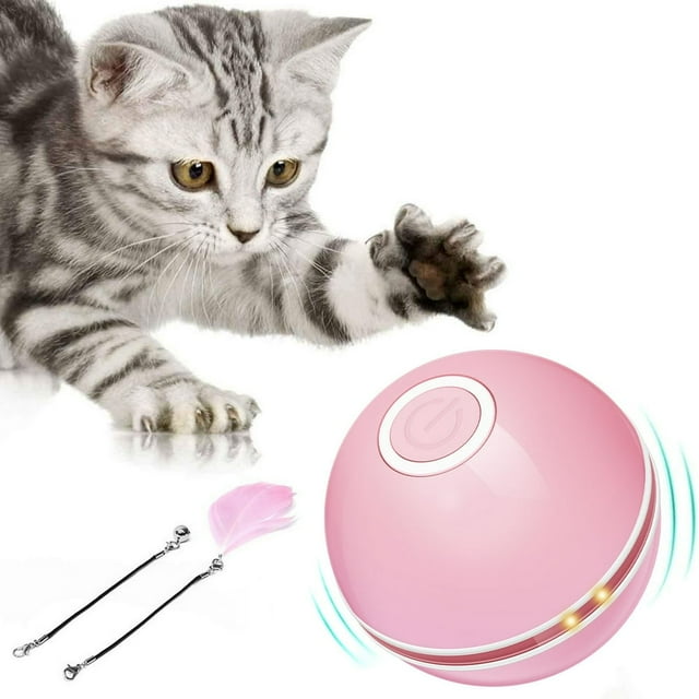 AMERTEER Rolling Smart Ball USB Rechargeable Electric Rotating Ball with Feather and Bell Colorful LED Automatic Rotating Cat Toy Ball Interactive Smart Ball Pet Toys for Cat Dog