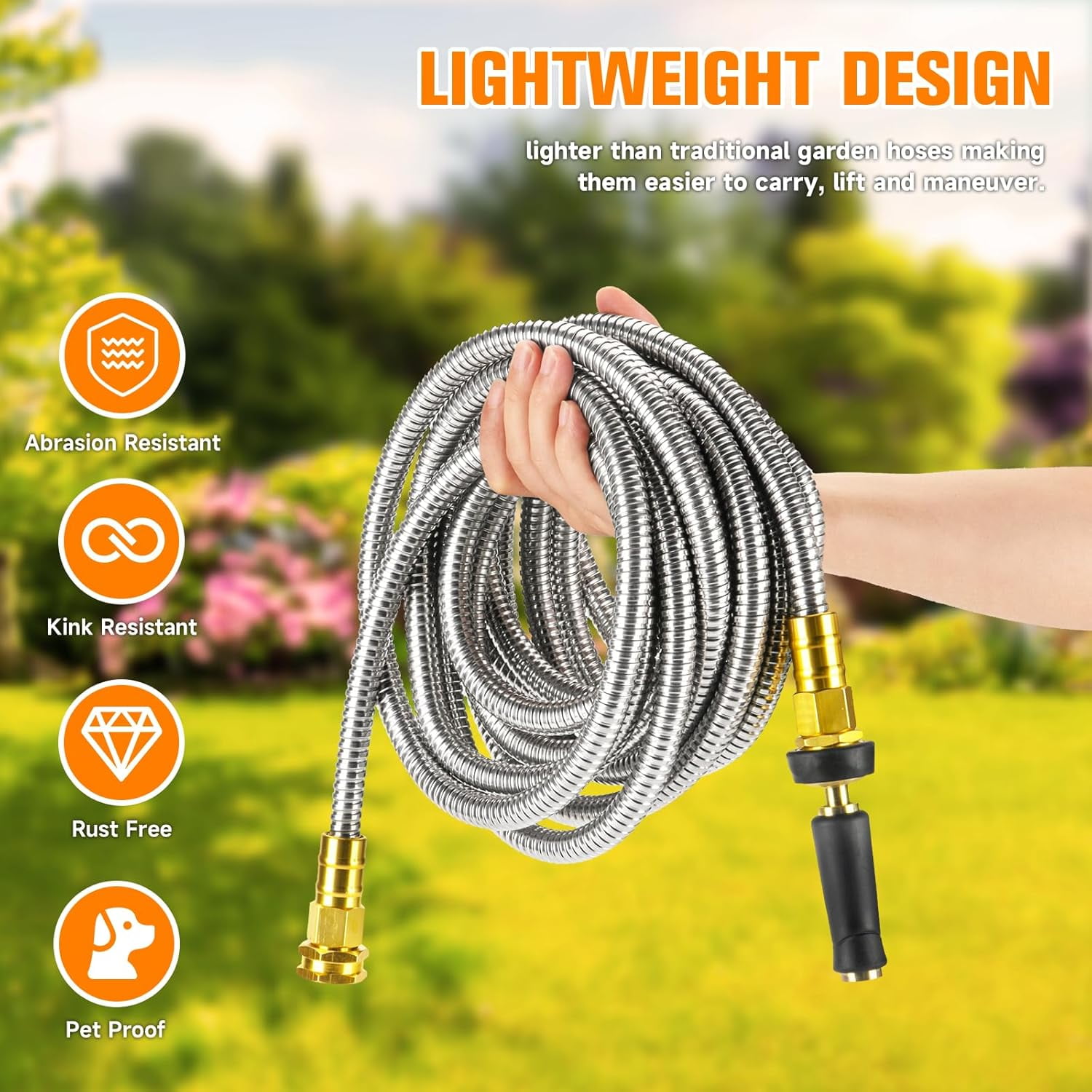 Garden Hose 100 FT, Heavy Duty 304 Stainless Steel Flexible Water Hose, No-Kink, No Bite, Expandable Water Hose for Yard, RV, Car