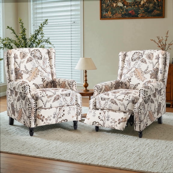 DREAMSIDEA Push Back Recliner Chair Set of 2 Living Room, Wingback Reclining Sofa Chair, Fabric Floral Recliner Reading Chair with Footrest for Living Room/Office/Apartment, Beige Plants