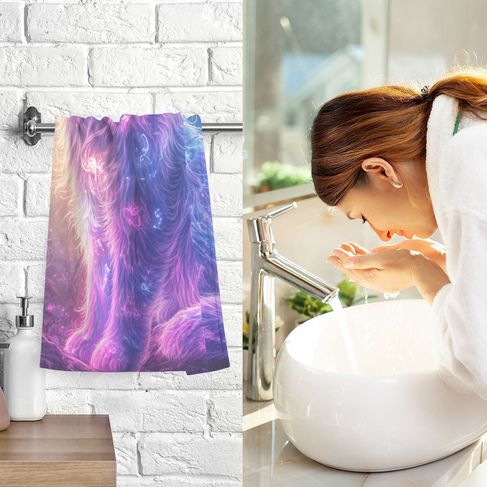 Cat Glowing Neon Hair Hand Towels Cotton Bath Towels Large Face Towels Absorbent for Bathroom 2 Packs