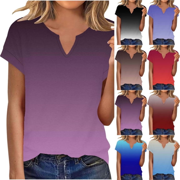 YHAJDS Womens Summer Tops T Shirts for Women Short Sleeve V Neck All Over Print Spring Tee Shirt