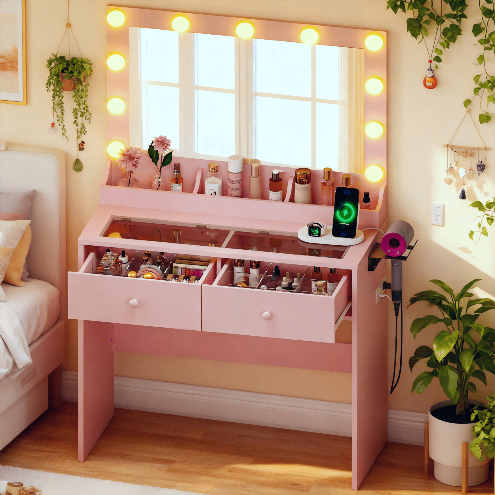 Zimtown Vanity with Mirror and Light, Makeup Desk  with Charging Station and Storage, Dressing Table with Hair Dryer Rack for Bedroom, Light Pink