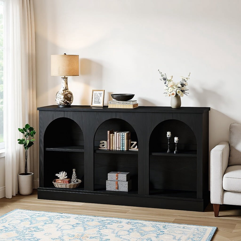 Resenkos Modern Black Console Table, Entryway & Living Room, Wooden Design, Arched Shelf, Stylish Display, Space-Saving Elegant, Black