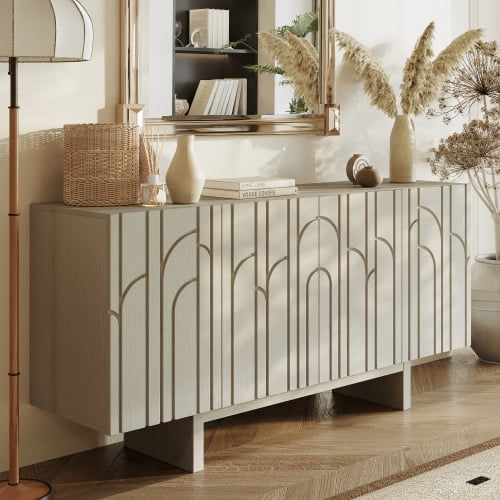 63" Wood Grain Sideboard with Leaf-Patterned Doors, 4-Door Adjustable Storage Cabinet, MDF Buffet TV Stand for Living Room & Dining Room, Creamy White