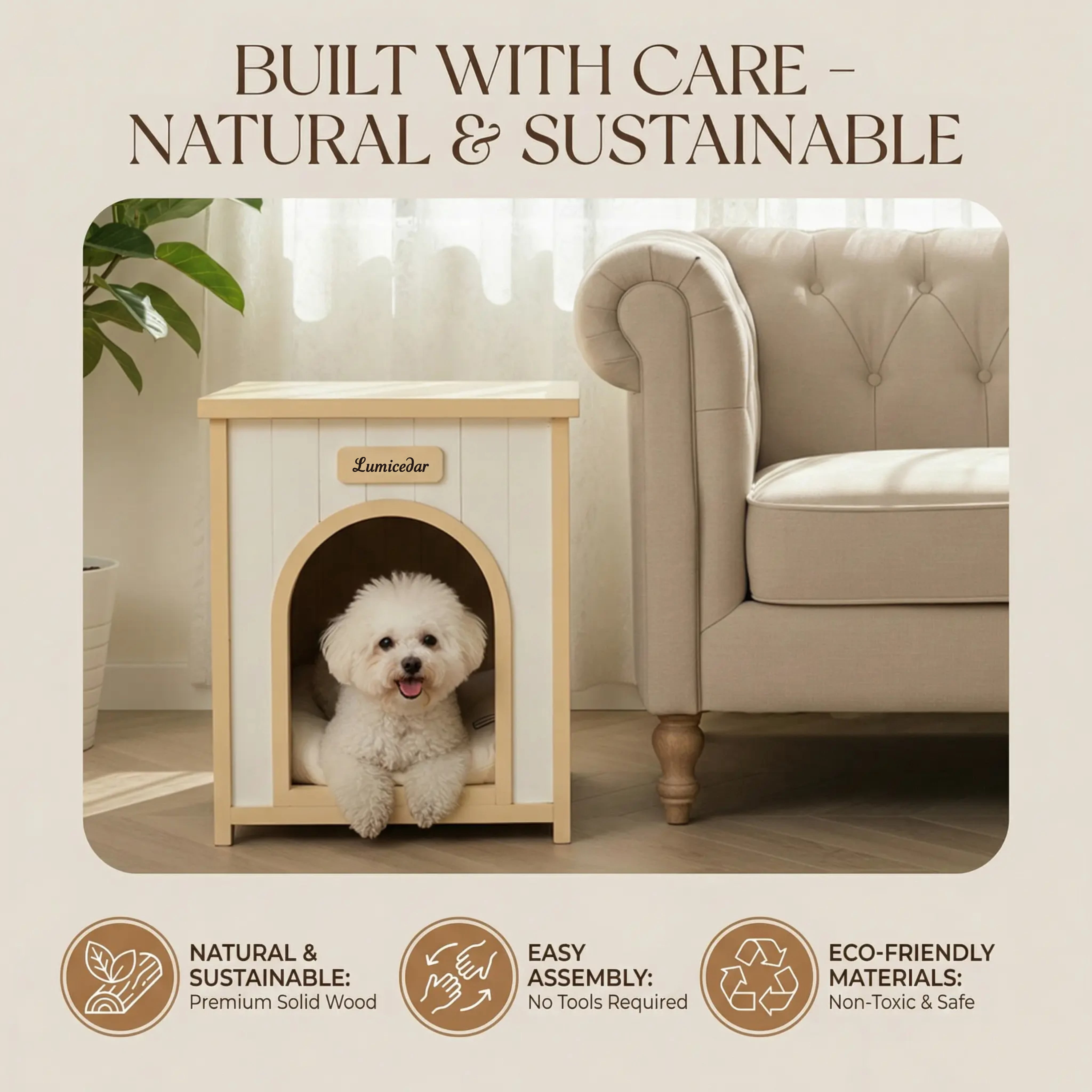 Indoor Cedar Dog House with Removable Cushion, 2-in-1 Pet House Side Table Furniture for Small Dogs Cats, Wooden Shelter Cozy Retreat, Scandinavian Design, Cream White Light Yellow
