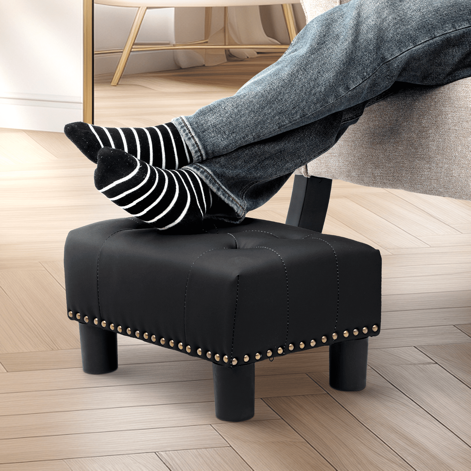 Magshion Foot Stool Ottoman with Padded Seat, Modern PU Leather Footrest, Rectangular Seat Stool, Black