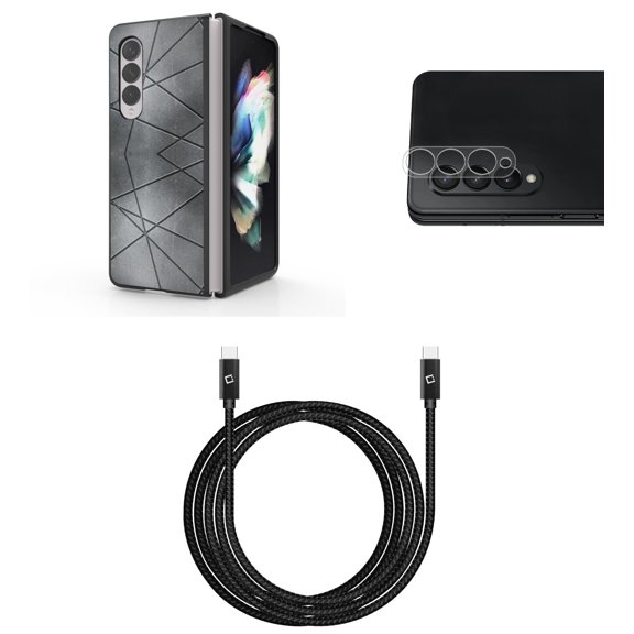 Accessory Bundle for Galaxy Z Fold 4: Slim Snap-On Case (Abstract Grey), Rear Camera Glass Protector, Nylon Braided USB-C to USB-C Cable (4 Feet)