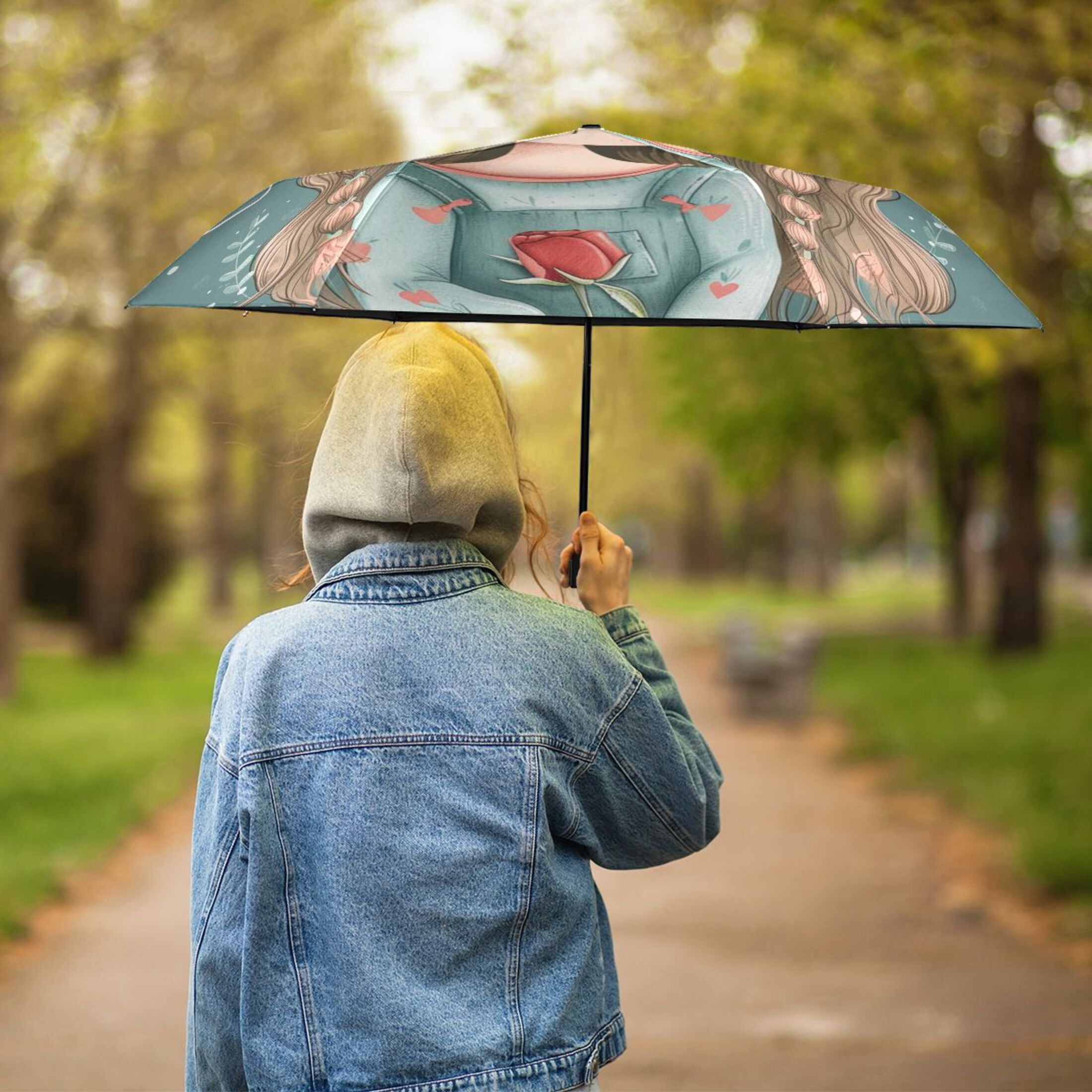 Girl Rose Flowers Compact Sun Umbrella Windproof Travel Umbrellas for Rain Strong Portable UV Protection