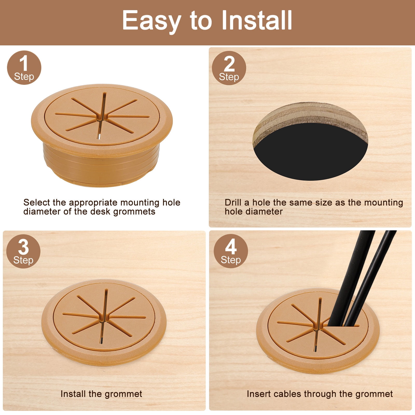 6 Pack Desk Grommet, 3.15 inch 80mm Desk Cable Hole Cover, Brown