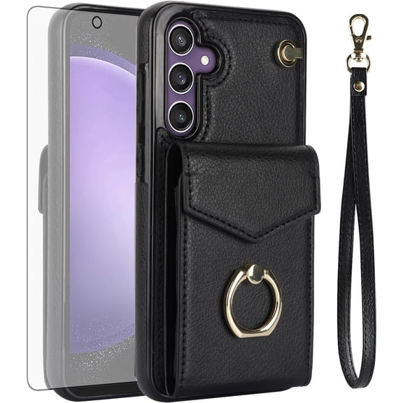Phone Case for Samsung Galaxy S23 FE 5G Wallet Cover with Tempered Glass Screen Protector and RFID Blocking Ring Credit Card Holder Leather Cell Accessories S 23 EF S23FE 23S Women Men Black