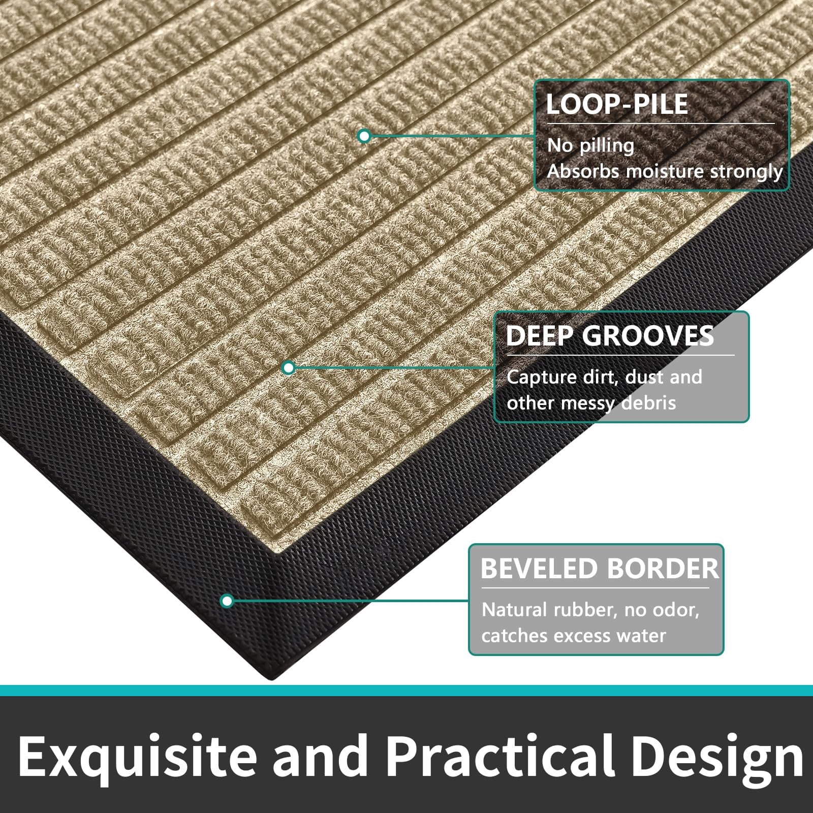 Buganda Heavy Duty Rubber Door Mat for Outside Entry, 24" x 36" Non-Slip Waterproof Doormat for Inside, Low Profile Dirt Trapper Doormat, Beige