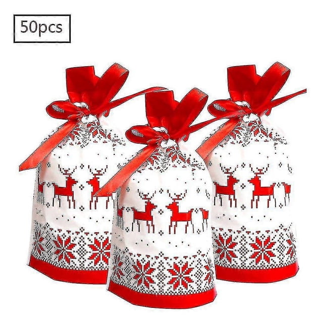 26-27 Christmas Drawstring Gift Bag, 50 Pieces Per Pack, Festive Red Reindeer Christmas Gift, Cute Candy Bag, Happy Anniversary Plastic Bag