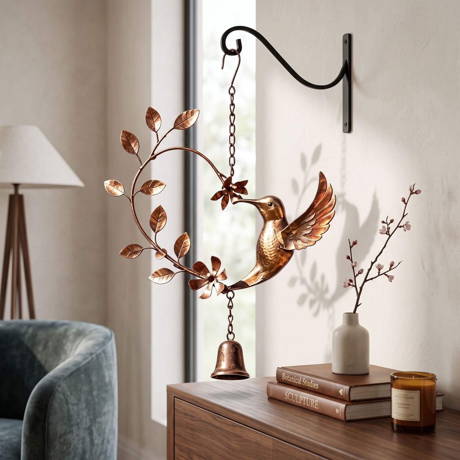 Lypsnake Metal Hummingbird Wind Chime with Bell Vintage Bronze Hanging Hummingbird Flower Leaf Ornament Outdoor Hanging Wind Bell Decor for Garden Patio Porch
