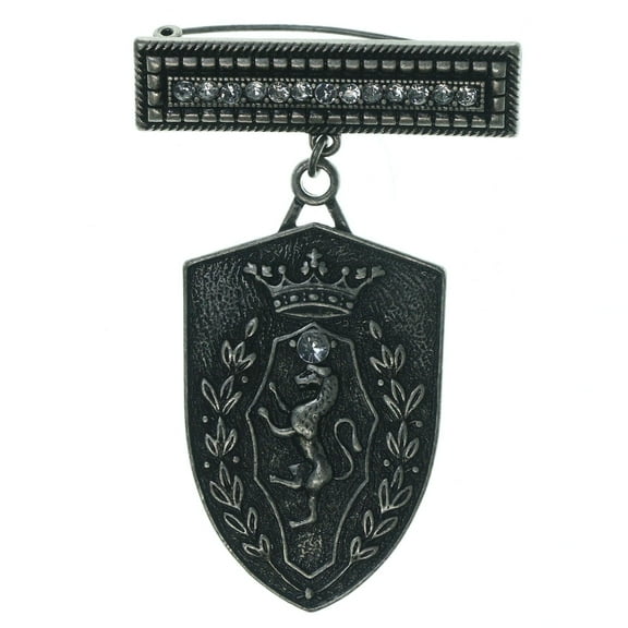 Mi Amore Ornate Silver-Tone Shield Shaped Brooch Pin with Rhinestone Accents