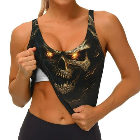 Qokaie Metal Evil Skull Pattern Womens Scoop Neck Sports Bra Breathable Workout Vest Padded U Back Medium Impact Fitness Gym Yoga Bra Workout Crop Top