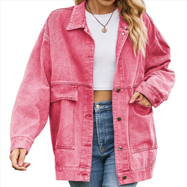 Chaqueta Vaquera Azul Vintage con Botones y Rotos para Mujer Rosa XXL