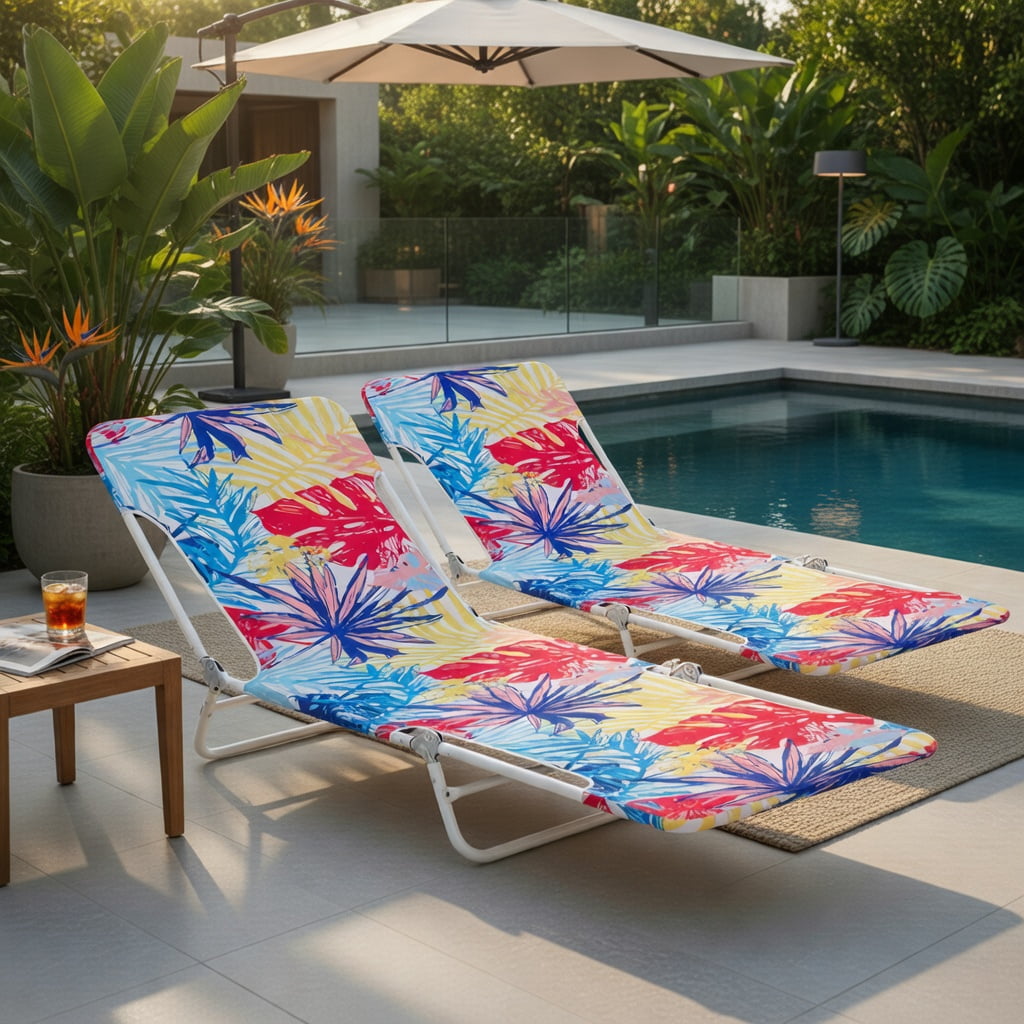 Hommoo 2-Pack Lay-Flat Beach Recliner Chairs, 5-Position Adjustable Backrest, Foldable Metal Frame, Carry Strap, Perfect for Beach, Pool & Camping, Pink